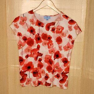 CeCe Womens Red White Floral Stretchy Short Sleeve Top Medium